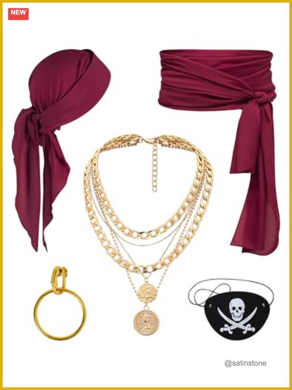 Pirate Costume Accessories Set Head Scarf Bandana Sash Belt 5 Pc Unisex Adult